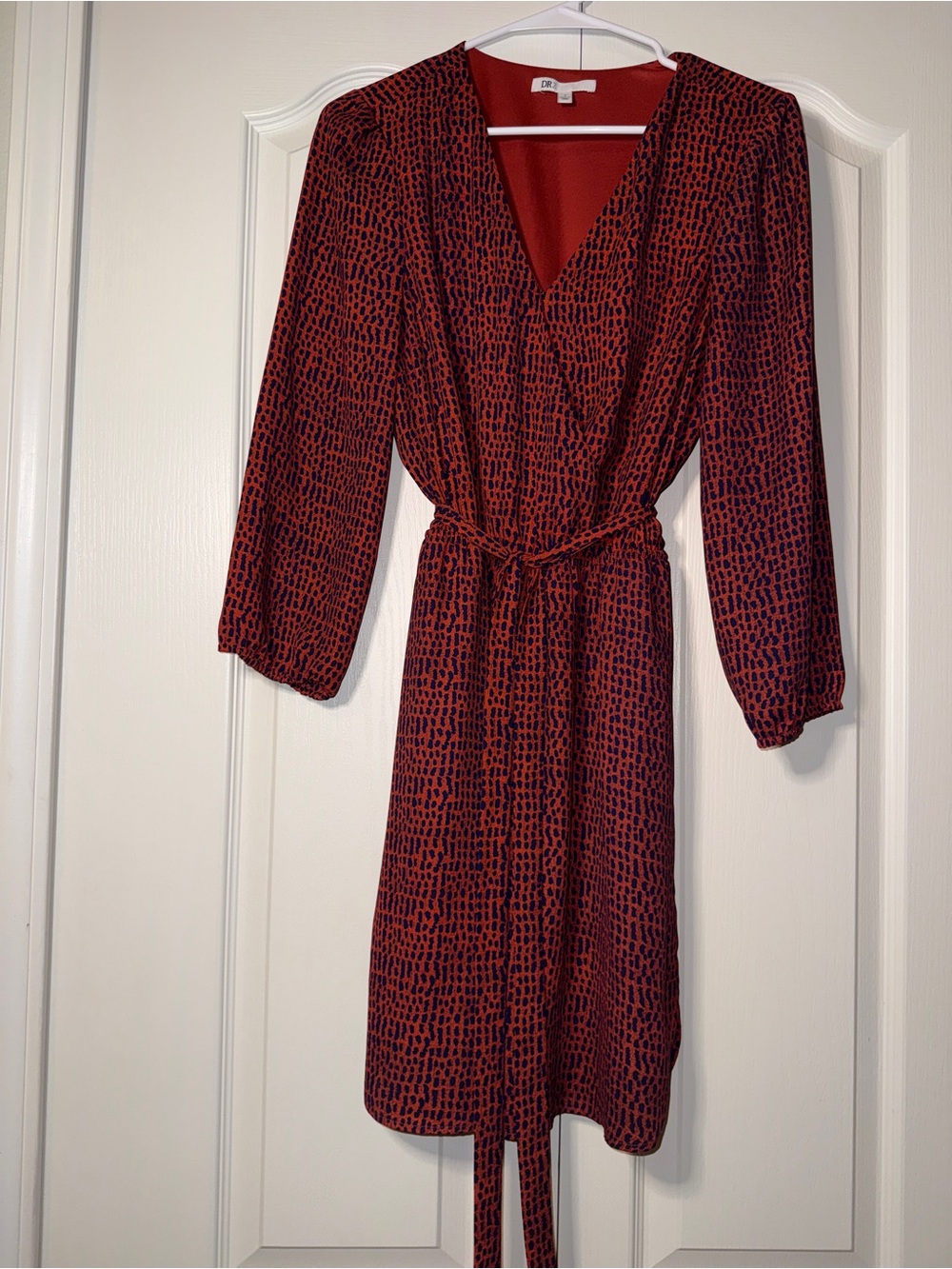 DR2 Rust Red and Navy Printed Wrap Dress with Tie Waist